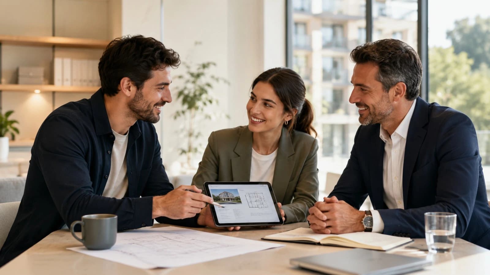 Asesor y clientes revisando una oportunidad inmobiliaria en una tablet